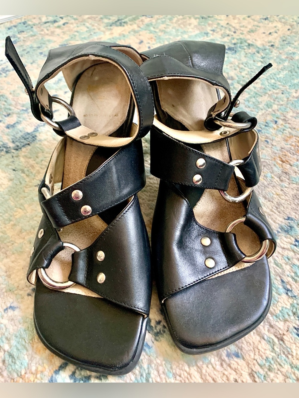 John Fluevog Hi Choice Meghan Black Leather Heart Heel Slingback Sandals